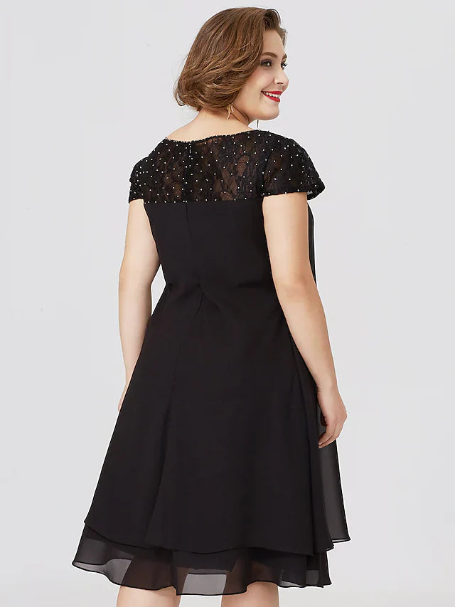 Wholesale Mother of the Bride Dress Little Black Dress Plus Size See Through Jewel Neck Knee Length Chiffon Lace Short Sleeve with Pleats Beading Lace Insert